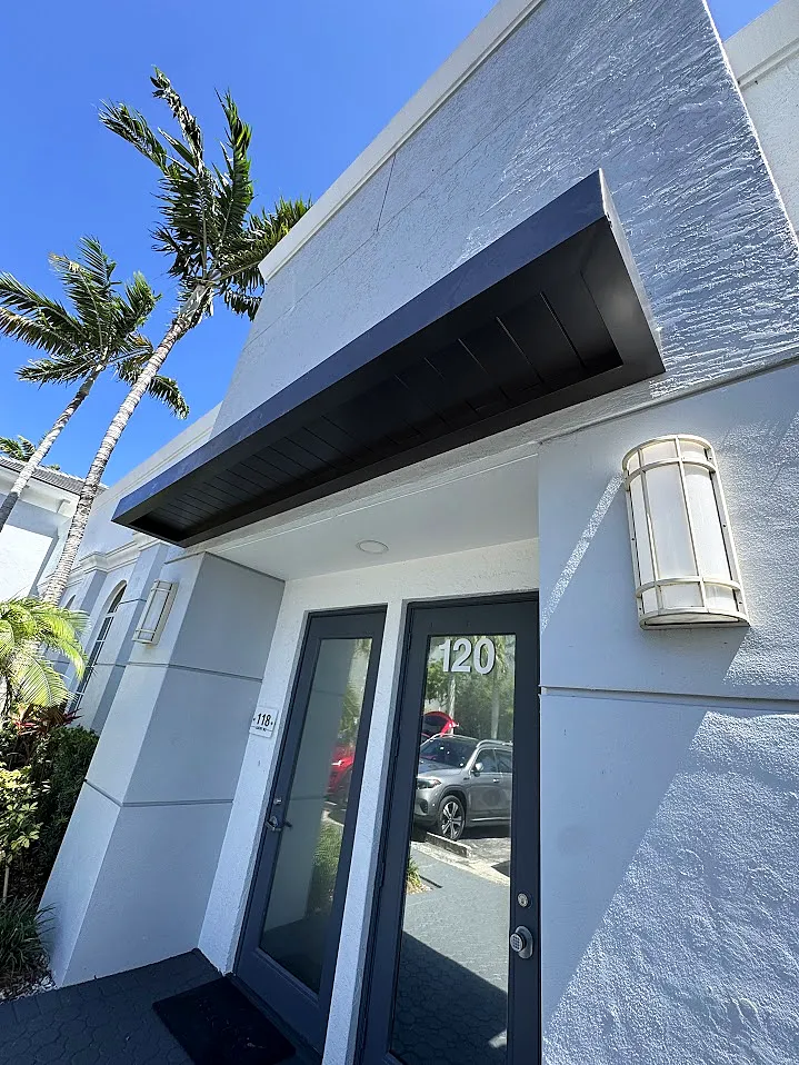 cantilever decorative powder-coated aluminum awning at medical office